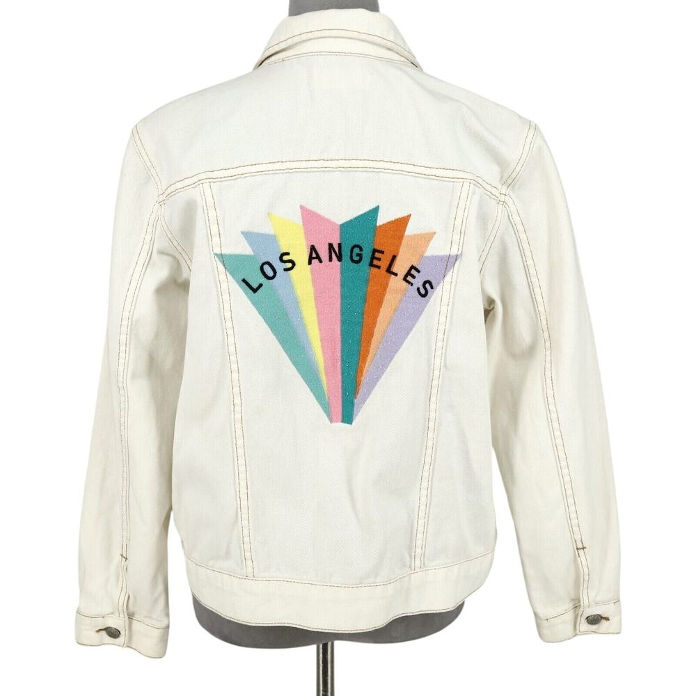 Pacsun Jacket Womens Medium Ivory Denim Jean Rainbow Embroidery Los Angeles